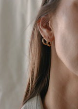 A close-up side profile of a woman wearing a pair of small gold hoop earrings, with her hair and skin visible against a soft neutral background.