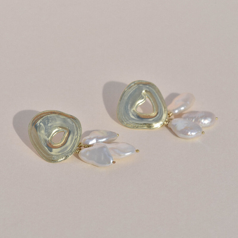 Brass Castanet Earrings w/ White Pearls