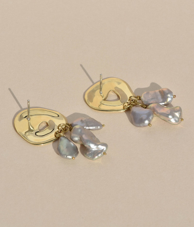 Brass Castanet Earrings w/ Black Pearls