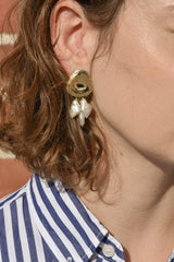 Brass Castanet Earrings w/ White Pearls